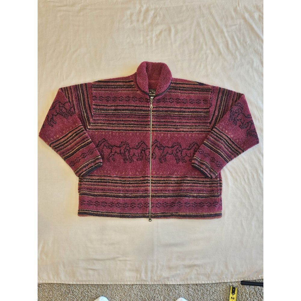 Alps Full Double Zip Sherpa Coat Sweater Horse Print‎ Red Made In USA Womens XL